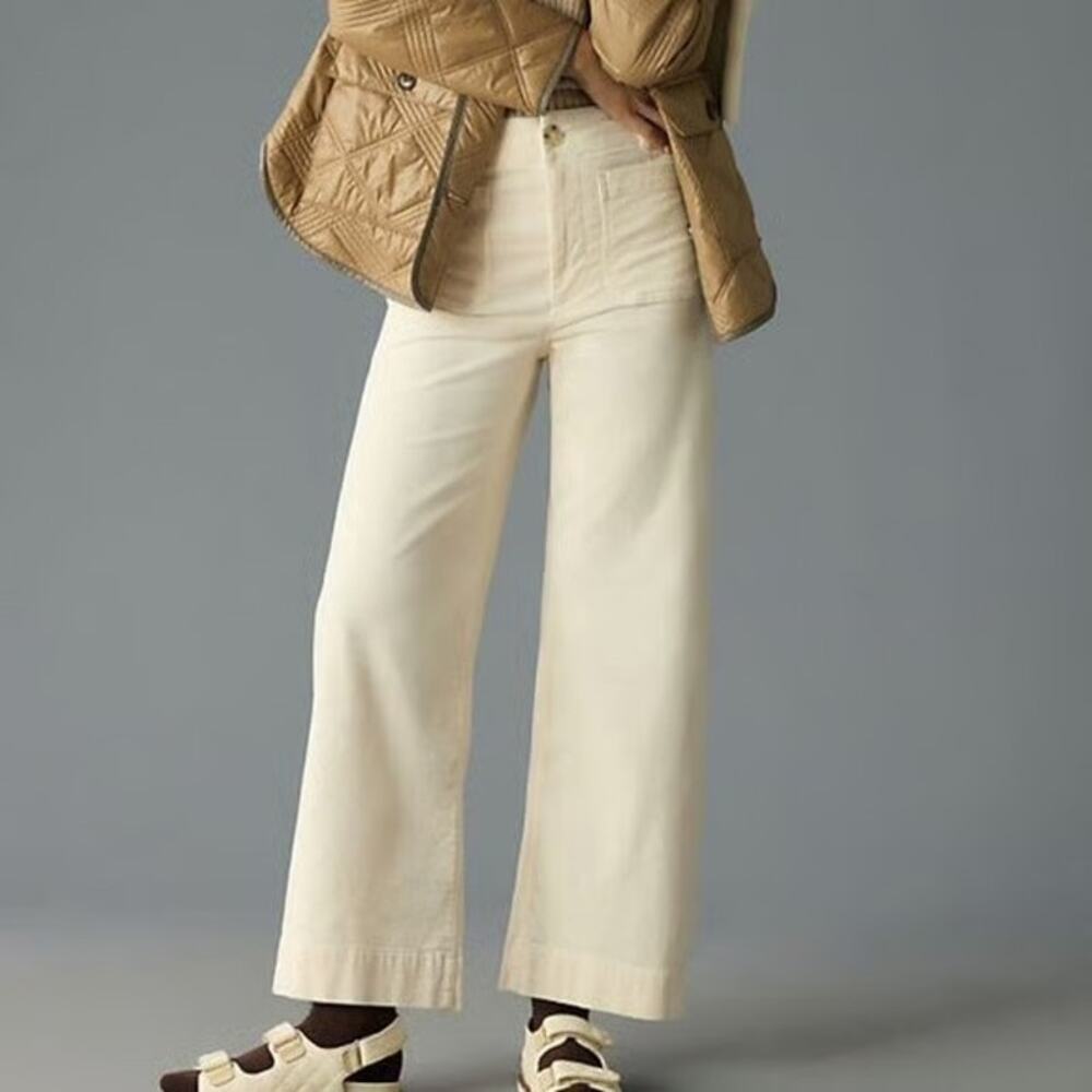 Anthropologie Maeve The Collette Cropped Wide Leg Pants Cream Corduroy Sz 27
